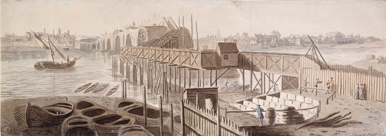 Stavba mostu Blackfriars, c1762 od Francis Grose