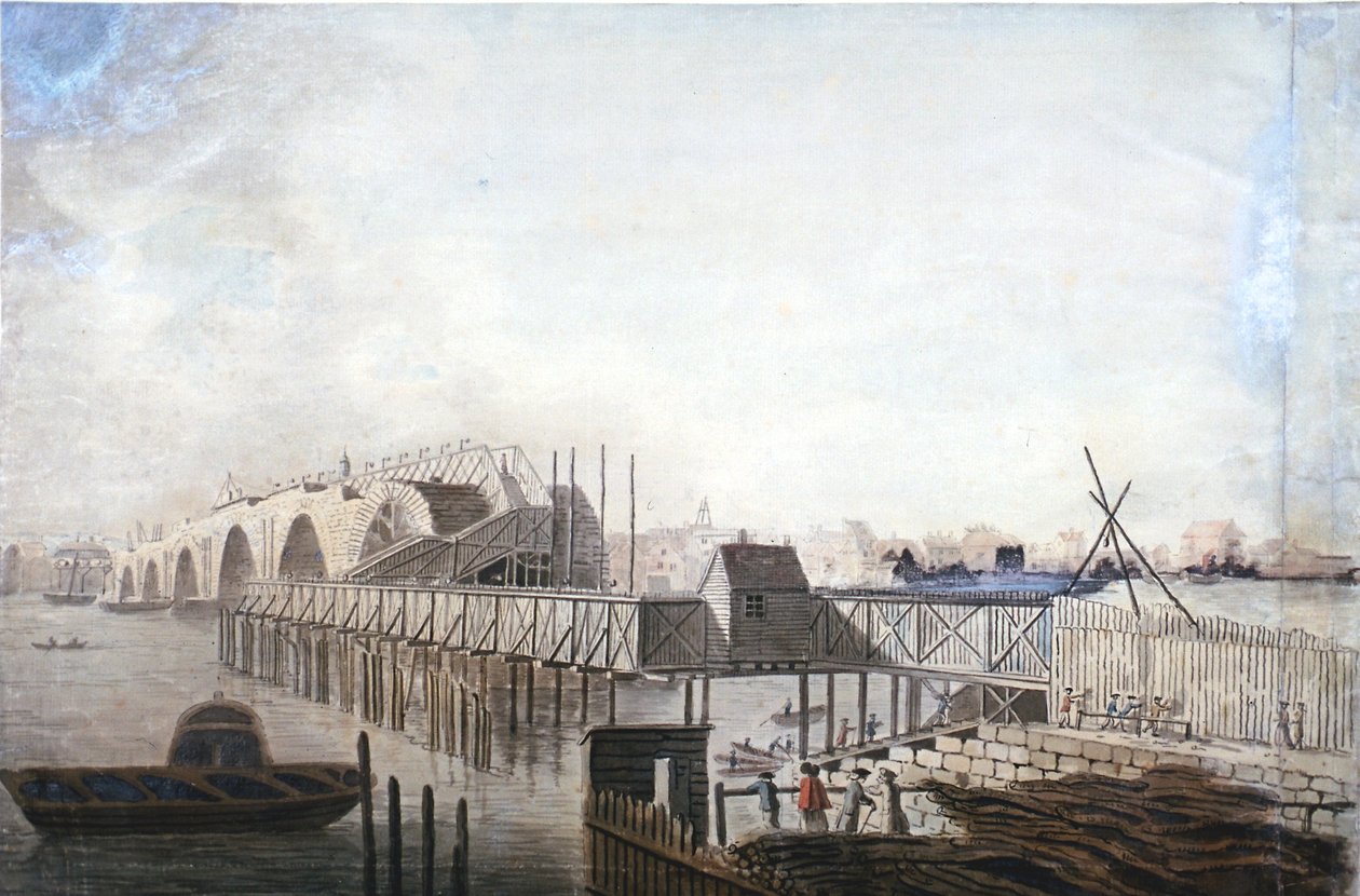 Pohled na dočasný most v Blackfriars, Londýn, 1762 od Francis Grose