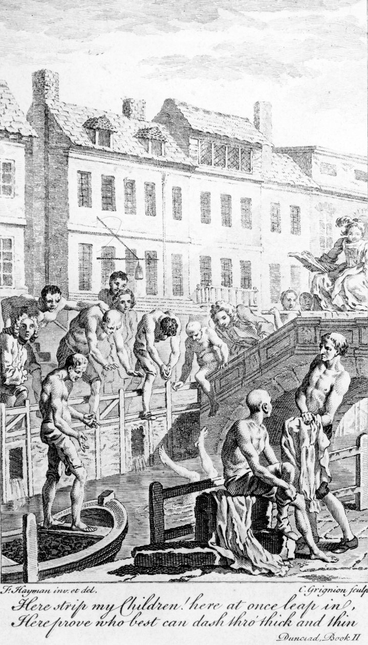 Koupání v řece Fleet, s citátem z "Dunciad" Alexandra Popea, vyryl Charles Grignion, asi 1750 od Francis Hayman