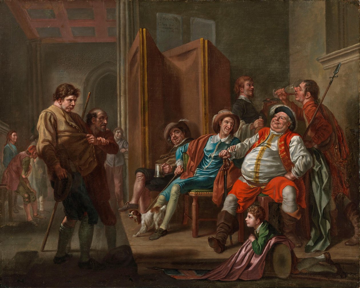 Falstaff verbuje rekruty ze Shakespearova „Jindřicha IV.“, druhý díl, dějství III od Francis Hayman