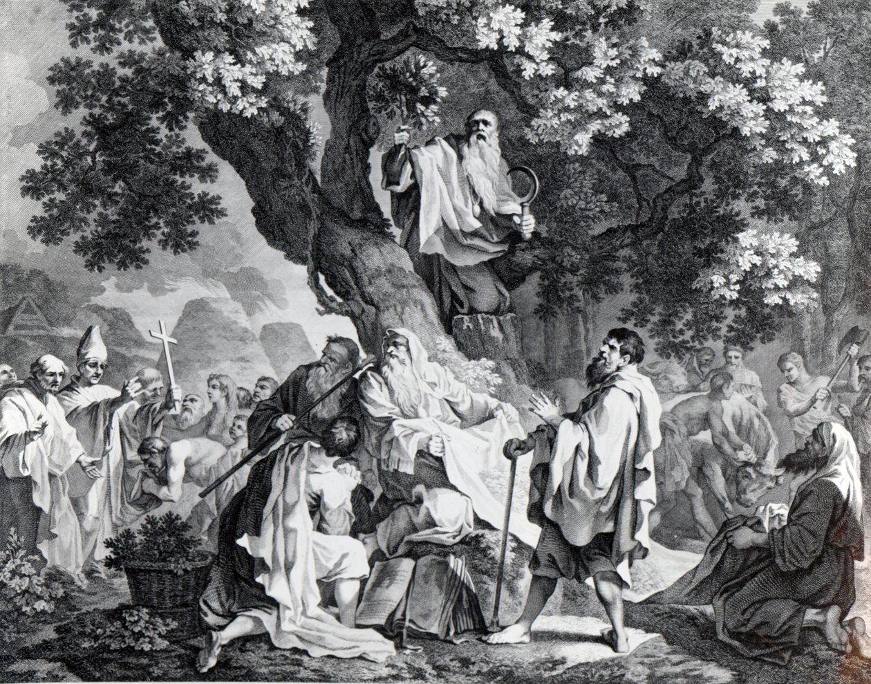 The Druids, or the Conversion of the Britons to Christianity (Druidové aneb Obrácení Britů na křesťanství), vyryl Simon Francois Ravenet, vytištěno v roce 1778. od Francis Hayman