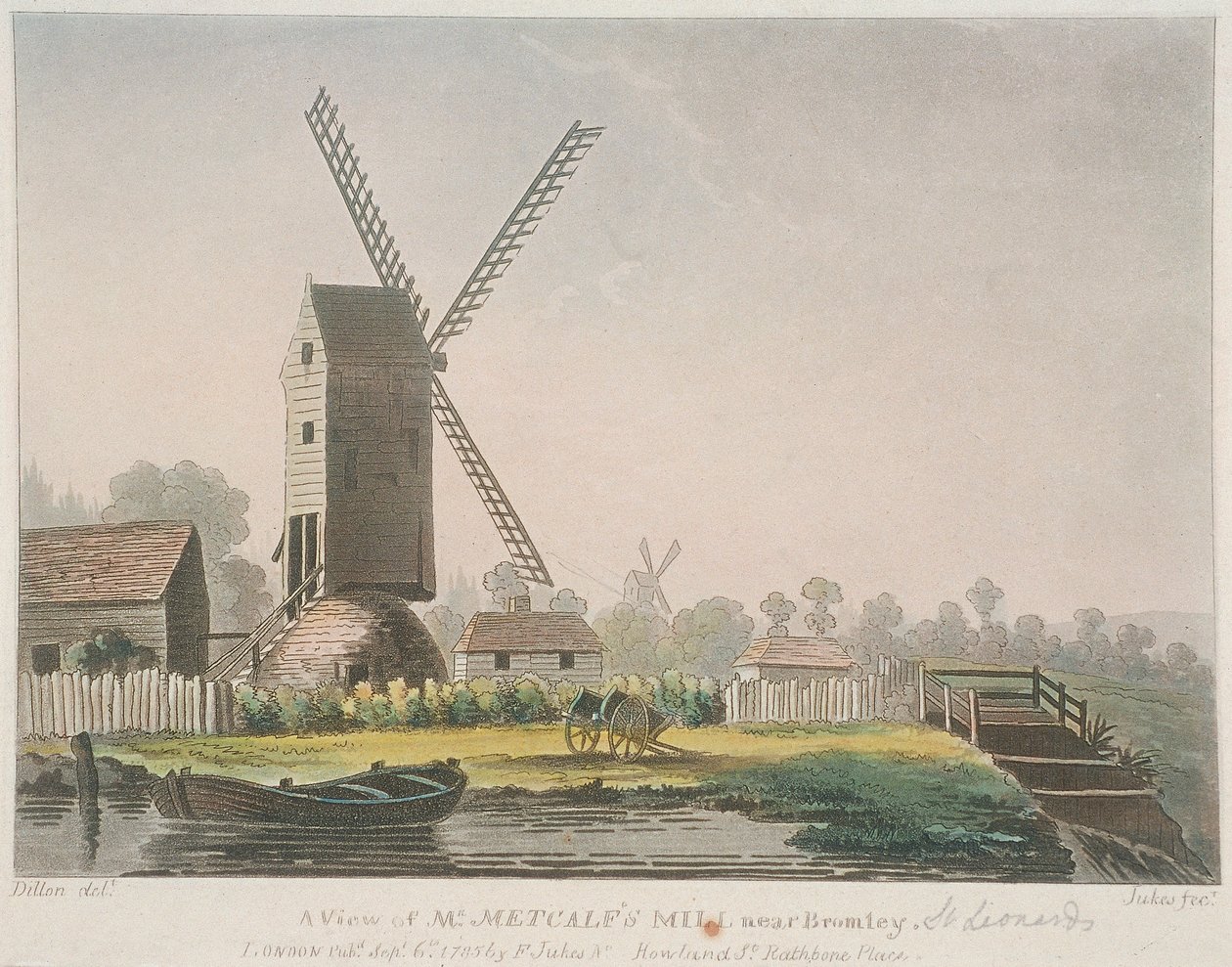 „Pohled na mlýn pana Metcalfa poblíž Bromley“, Bow, Poplar, Londýn, 1785 od Francis Jukes