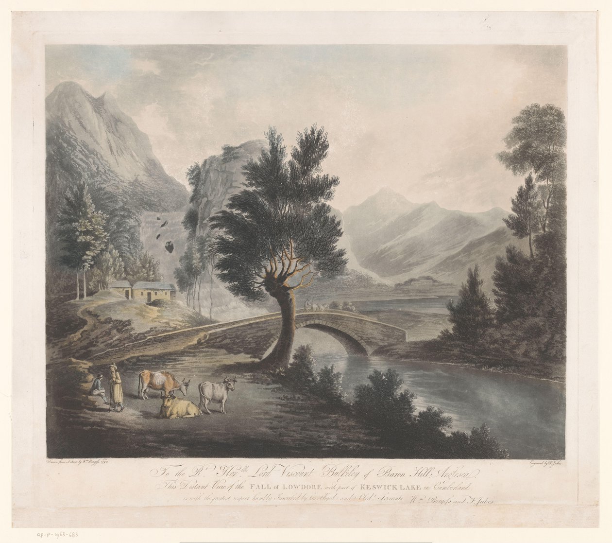 Pohled na jezero Keswick s Lodore Falls Vzdálený pohled na Fall of Lowdore s částí jezera Keswick v Cumberlandu (název na objektu) od Francis Jukes