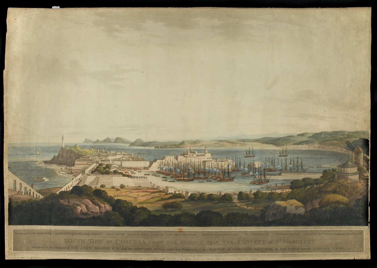 Jižní pohled na Corunnu z výšin u kláštera sv. Markéty, ryl H. Merke, vydáno 1809 (barevná akvatinta) od Francis Lee