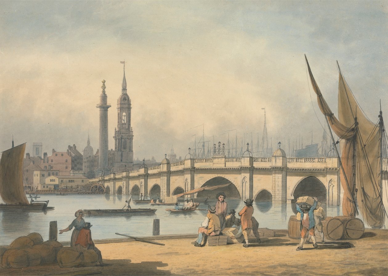 London Bridge a památník od Francis Nicholson