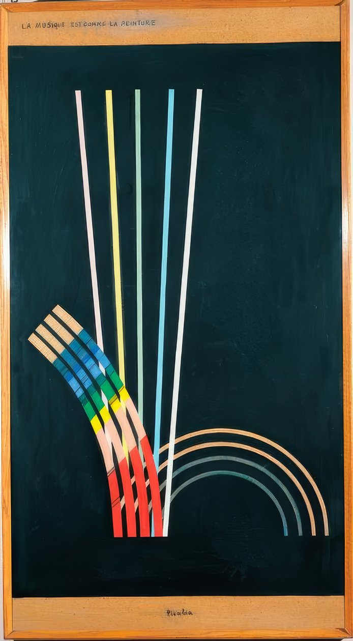 Vše. Černé barvy, bílé, červené, modré, žluté čáry, křivky, rovné čáry, oblouky. od Francis Picabia