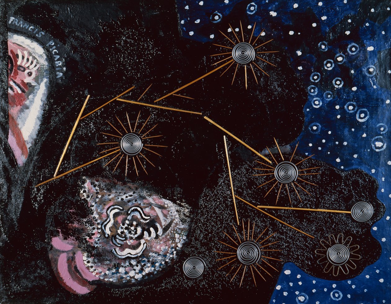 Flirt (ripolín, párátka, brčka, sponky a olověný drát na plátně) od Francis Picabia