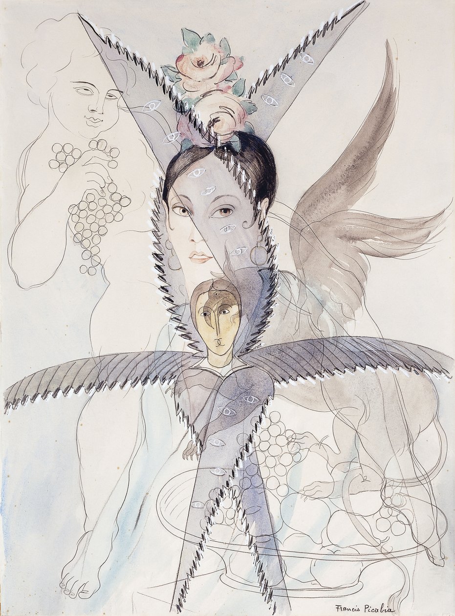 Transparence - Hlava a okřídlený kůň; Transparence - Tete et Cheval Aile, asi 1928 (akvarel, kvaš, černá křída a tužka na papíře) od Francis Picabia