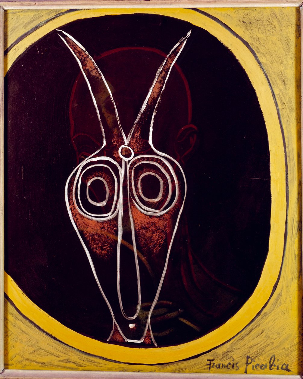 Transparentnost. Mužská tvář a zvířecí hlava s překrytým rohem, 20. století (olej na plátně) od Francis Picabia