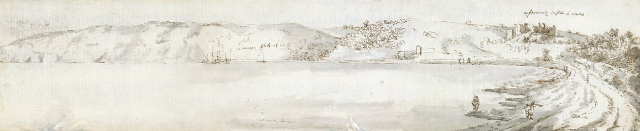 Hrad Oystermouth, asi 1678 (akvarel a hnědá tuš na papíře) od Francis Place