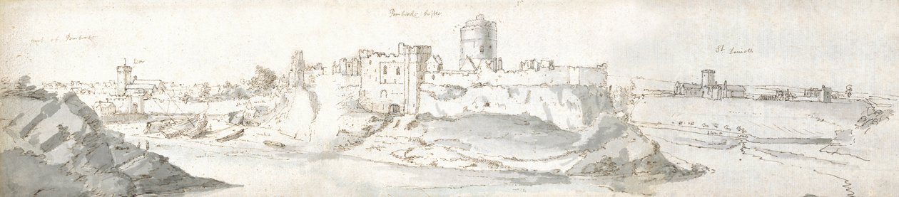 Hrad Pembroke, asi 1678 (akvarel a hnědá tuš na papíře) od Francis Place
