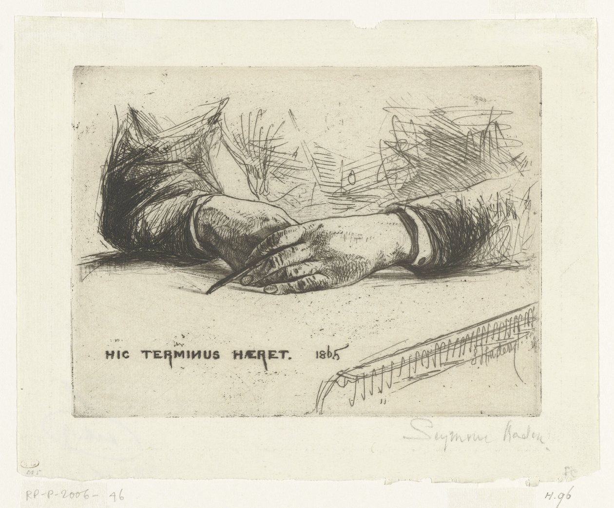 Dvě ruce, kreslení křídou Ruce držící pastelku Hic Terminus Haeret (název na objektu) od Francis Seymour Haden (Sir) (signed by artist)