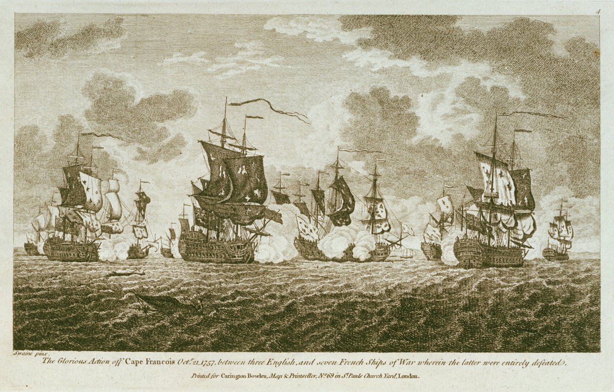 Dvanáct tisků námořních zásnub. Slavná bitva u mysu Francois 21. října 1757 mezi Angličany a sedmi francouzskými válečnými loděmi, při níž byli Angličané zcela poraženi. (lept) od Francis Swaine