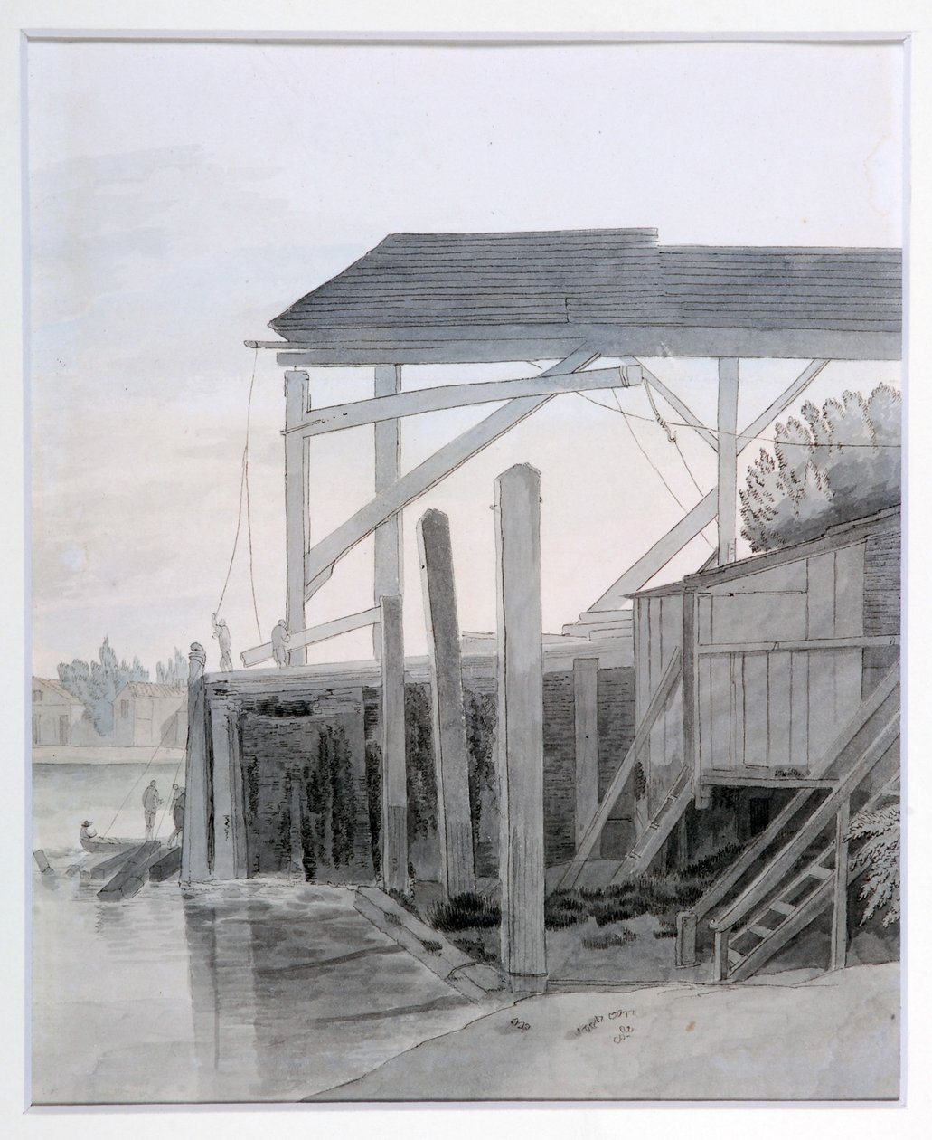 A Wharf, cca 1800 (pero a inkoust s akvarelem na papíře) od Francis Towne
