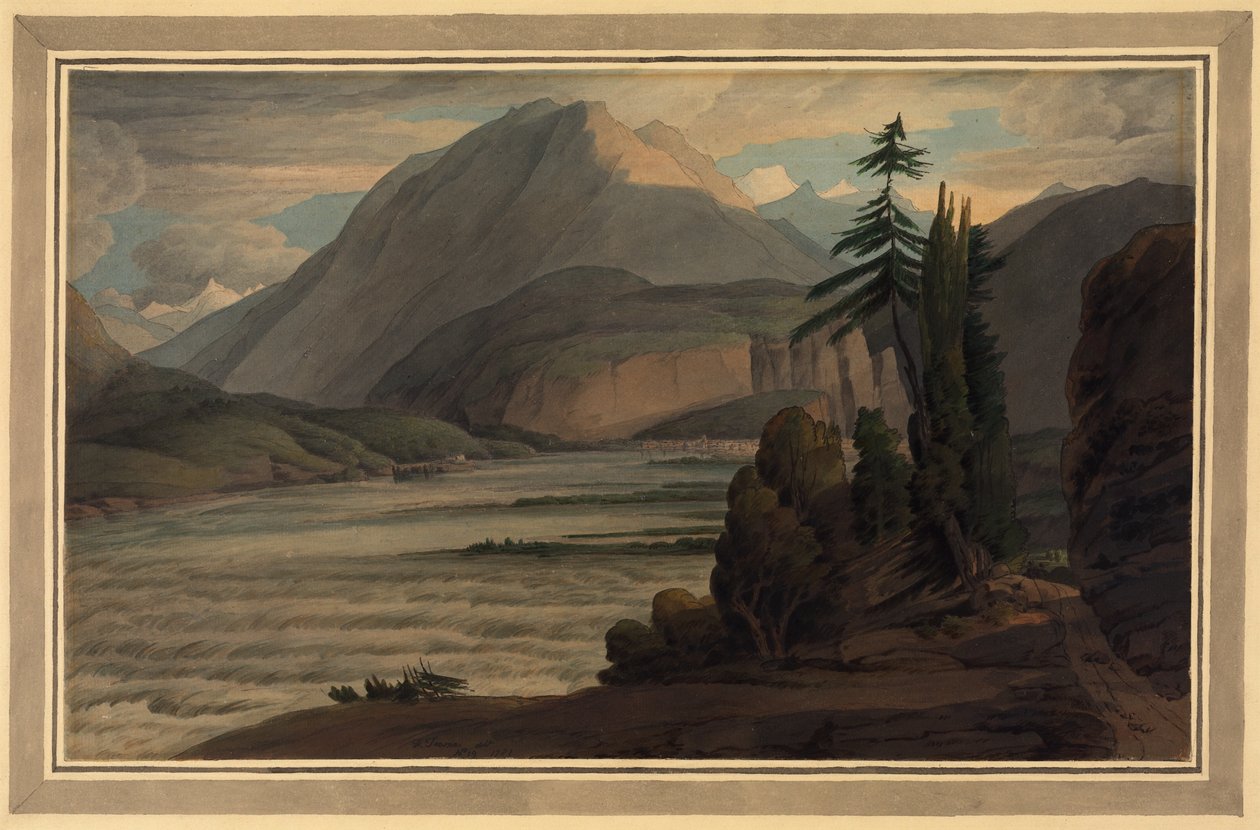 V údolí Graubünden, 1781 (pero a inkoust, mytí na papíře) od Francis Towne