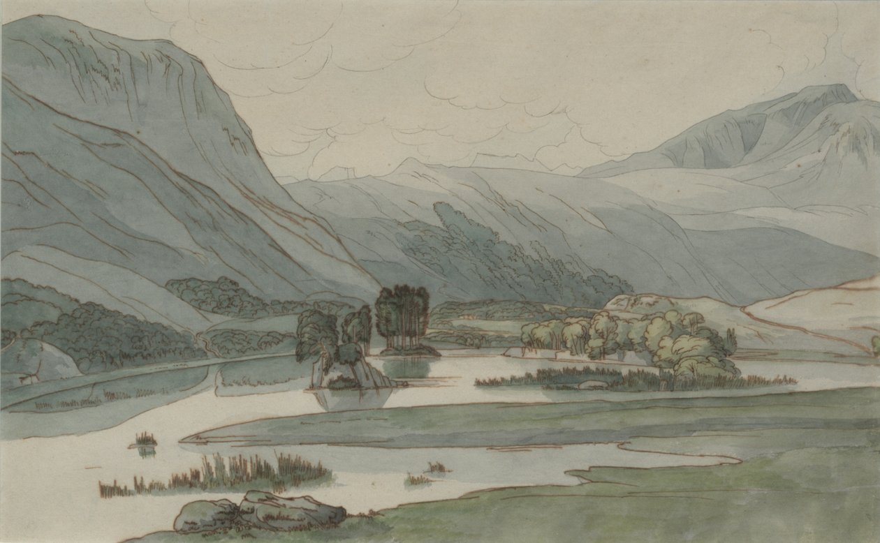 Rydal Water with the Grasmere Hills, 1786 (tužka s perem a inkoustem a wc na papíře) od Francis Towne