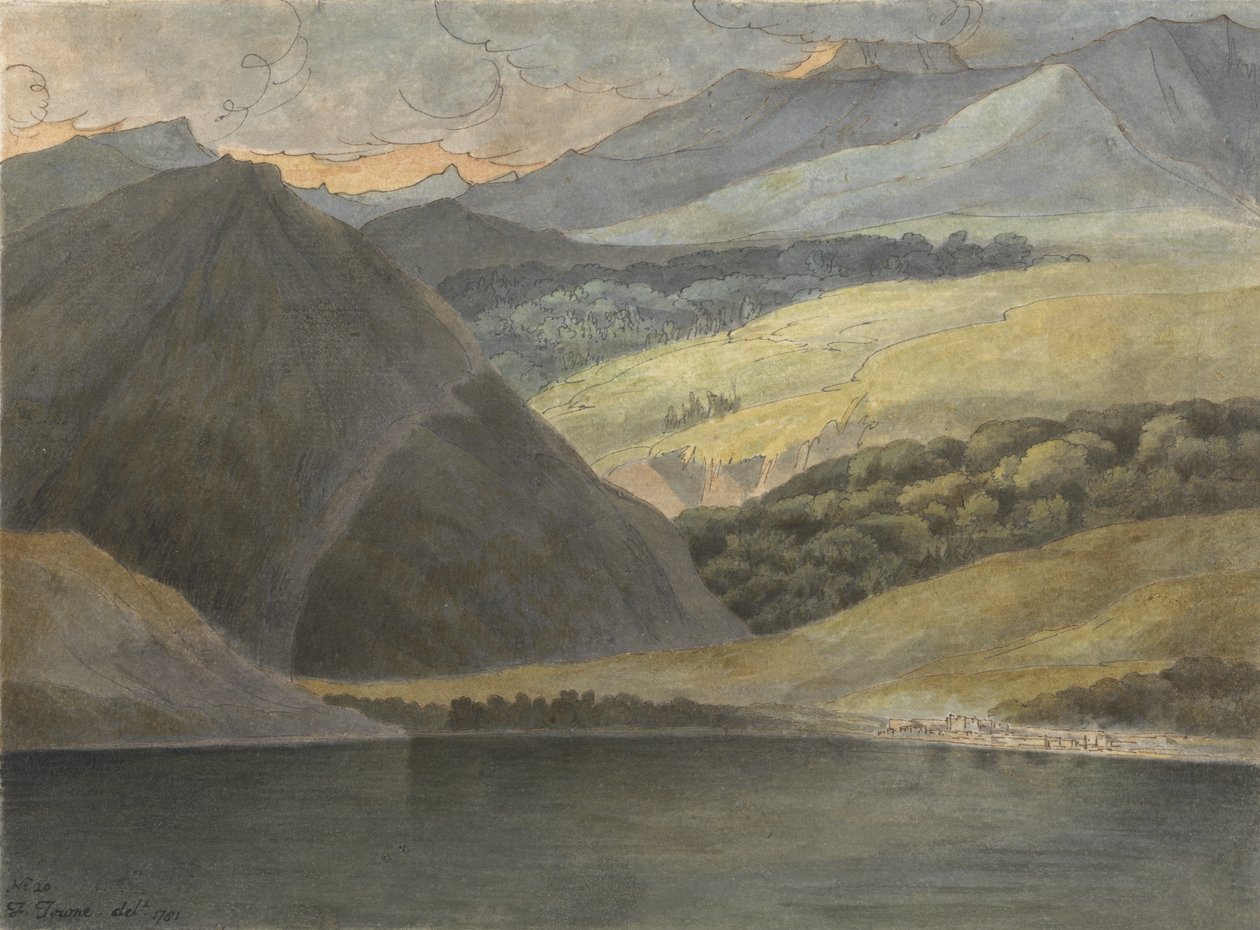 Pohled na jezero Maggiore ve večerních hodinách, 1781 (pero a inkoust s wc na papíře) od Francis Towne