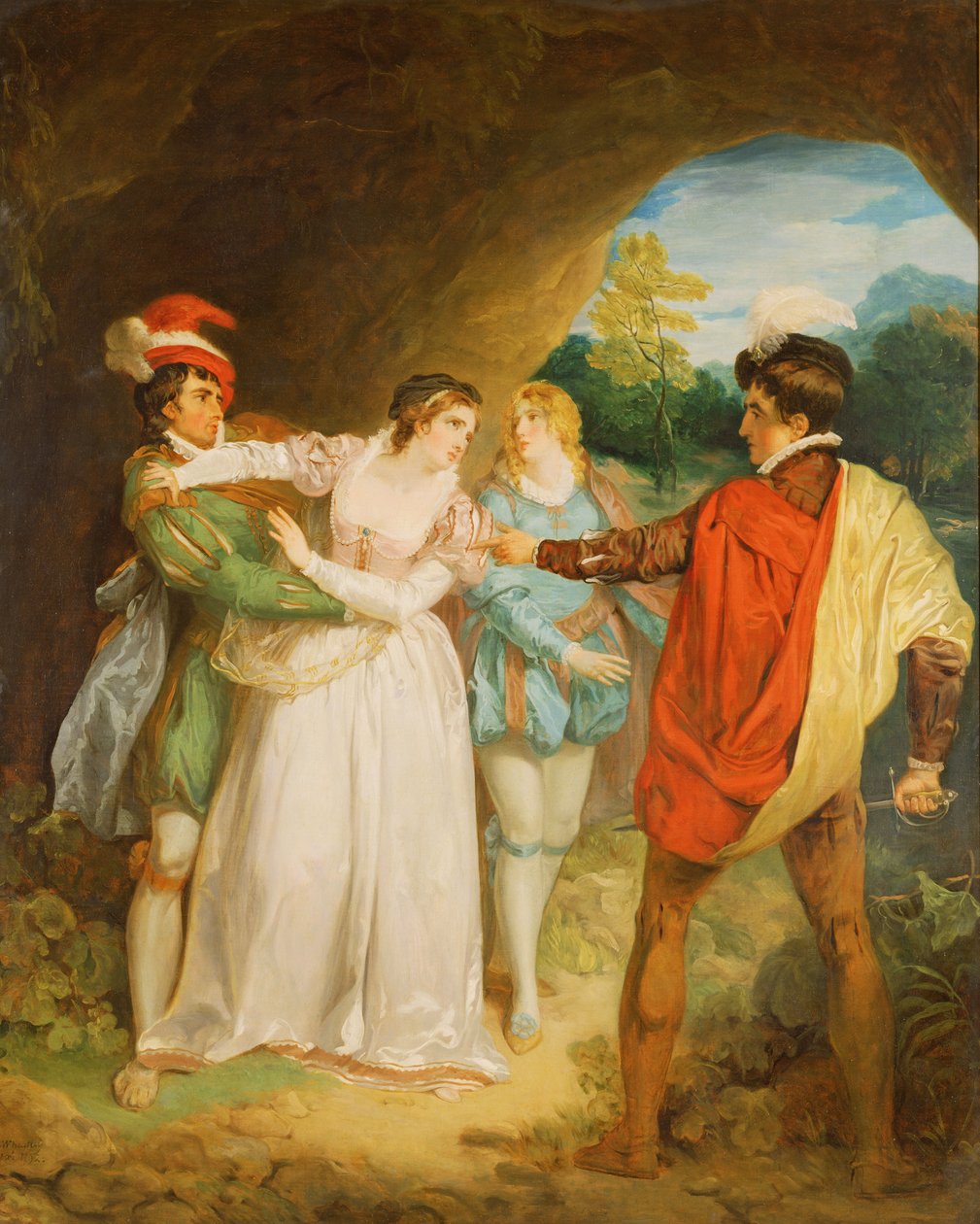 Valentine zachraňující Silvii z Protea, z filmu Williama Shakespeara „Dva gentlemani z Verony“ od Francis Wheatley