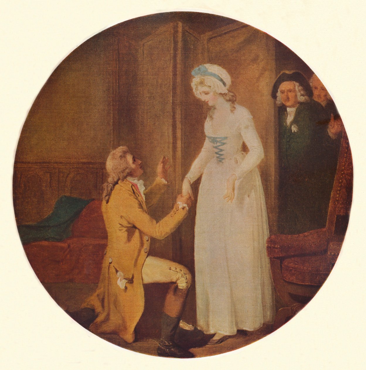 Young Marlow a slečna Hardcastleová: Scéna z toho, jak se sklání k dobytí, Oliver Goldsmith Act V, Sc od Francis Wheatley