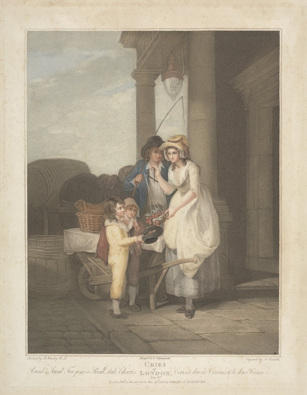 Cries of London: Round and Sound, Five Pence a Pound, Duke Cherries, vyryl Anthony Cardon (1772-1813) 1795 od Francis after Wheatley