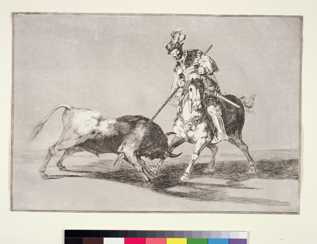 El Cid (asi 1040-99) kopí dalšího býka, deska 11 z La Tauromaquia, 1816 od Francisco de Goya