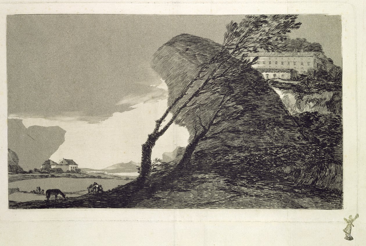 Krajina s velkými kameny, budovami a stromy, před rokem 1810 (lept a akvatinta) od Francisco de Goya