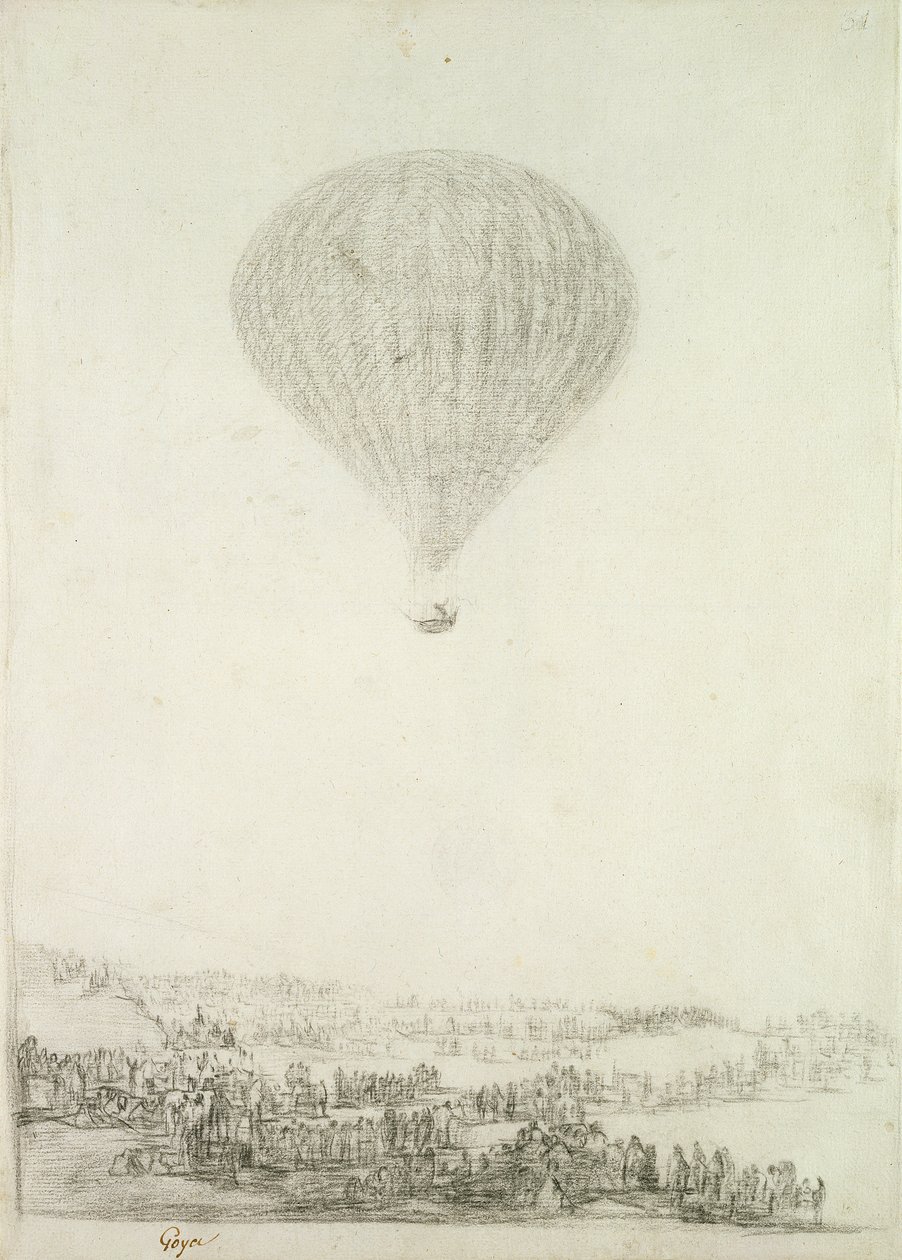 Bratři Montgolfierové, cca 1800-08 (černá křída na papíře) od Francisco de Goya