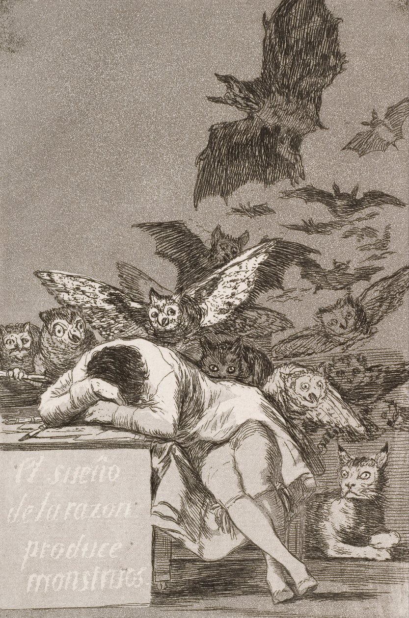 Spánek rozumu plodí příšery (č. 43), z knihy Los Caprichos od Francisco de Goya
