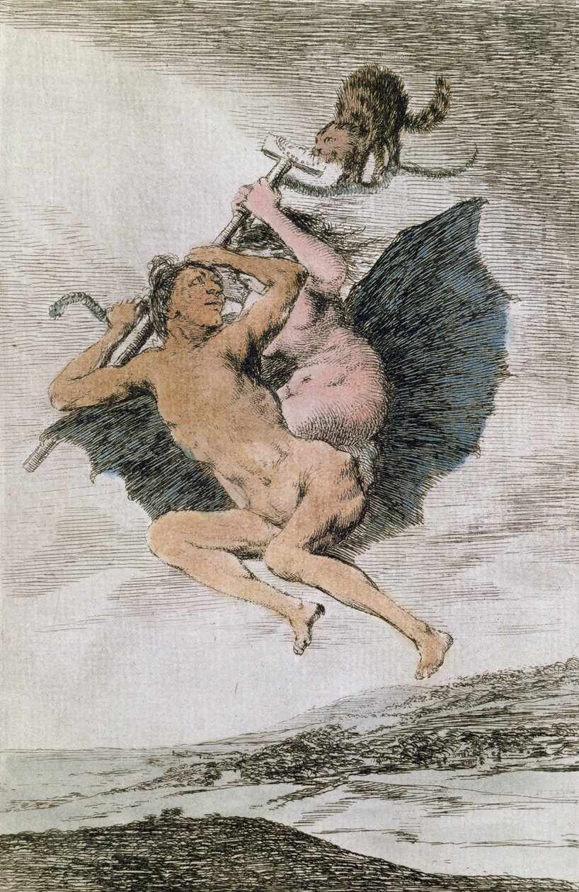 Alla va eso (Tady to jde), deska 66 „Los Caprichos“, konec 18. (barevné rytí) od Francisco de Goya