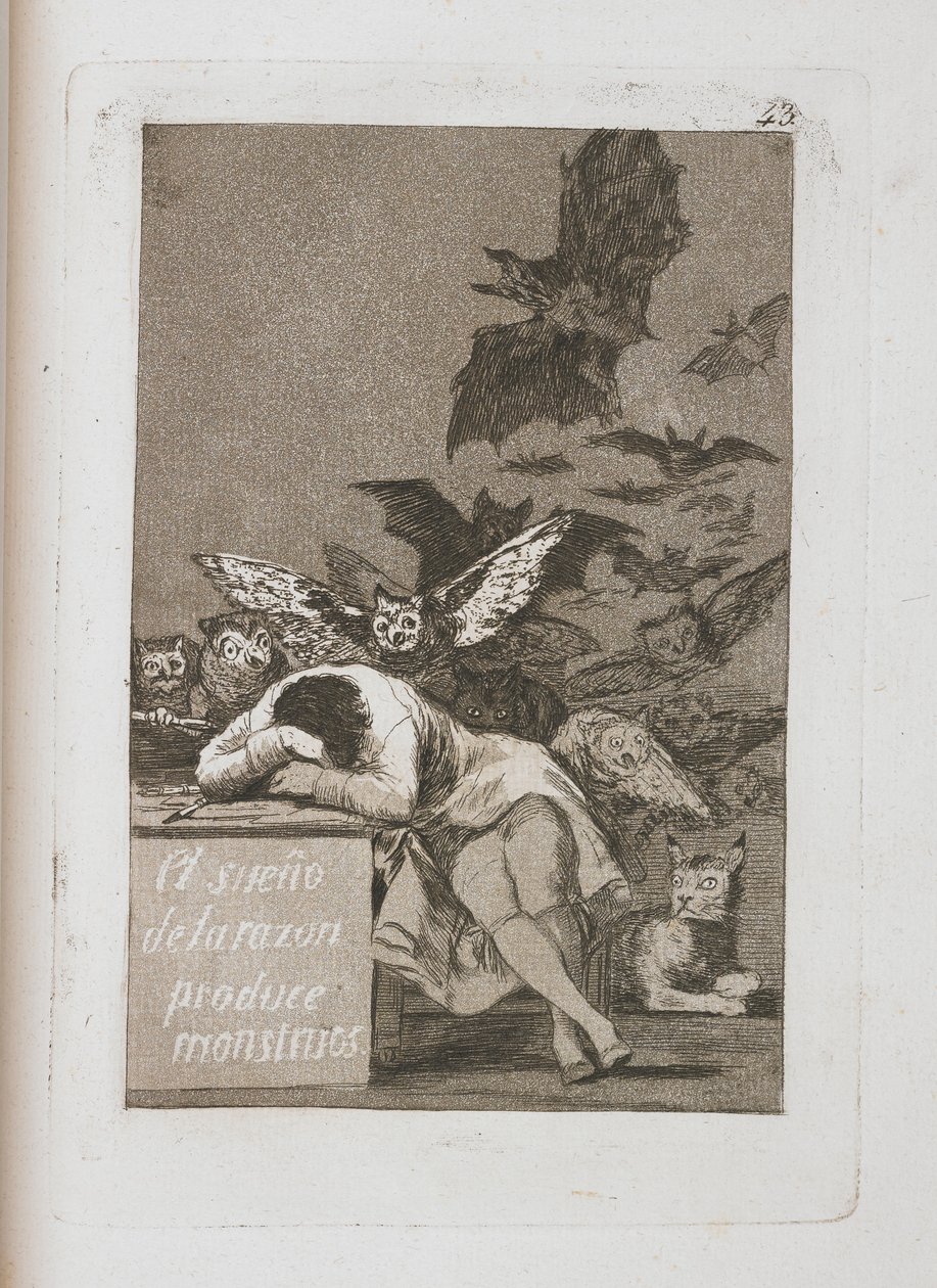 The Sleep of Reason produkuje monstra, deska 43 z Los Caprichos, 1797-1798 od Francisco de Goya
