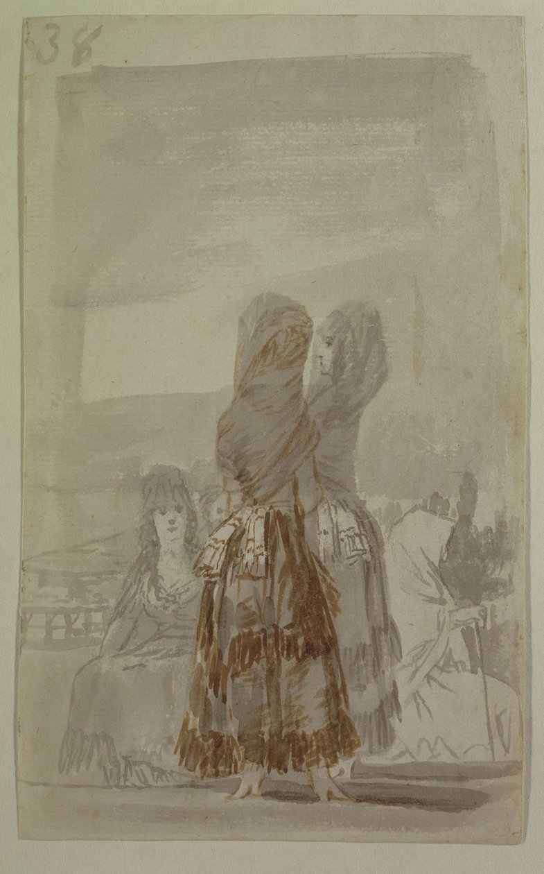 Majas pochoduje na paseo (šedá a černá tužka na papíře) od Francisco de Goya