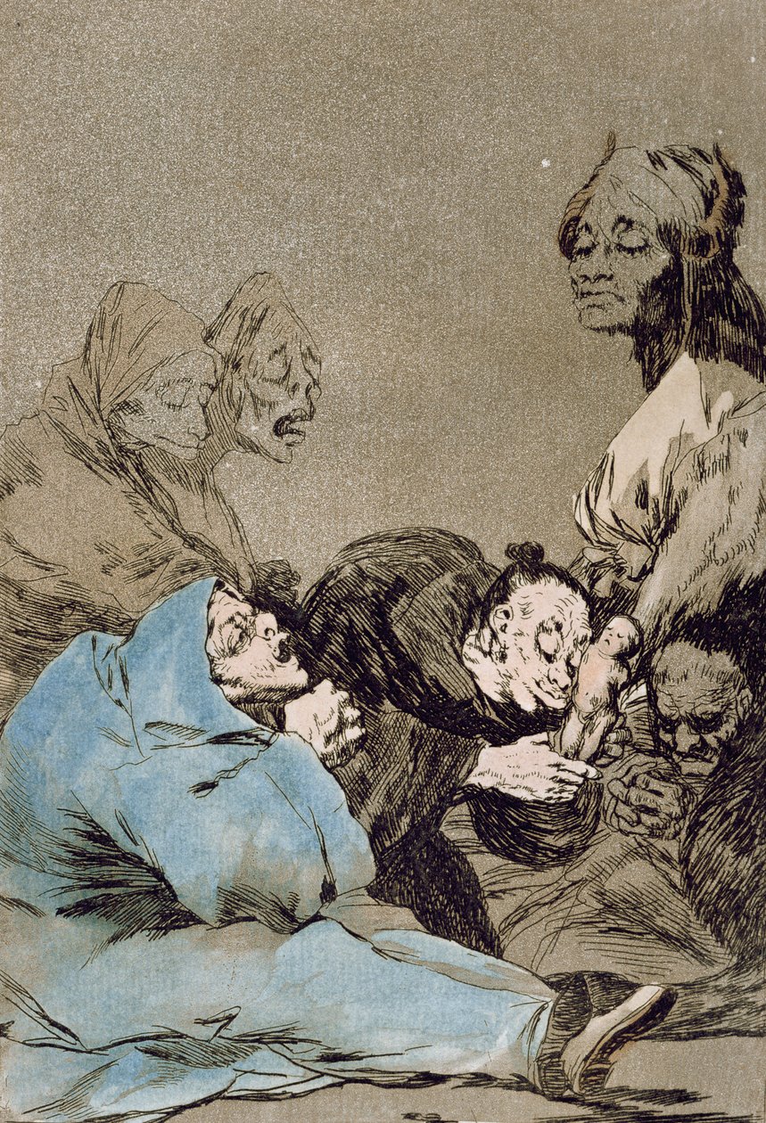 Obsequio a el maestro (Dárek pro mistra), deska 47 „Los Caprichos“, původní vydání, konec 18. století (barevná rytina) od Francisco de Goya
