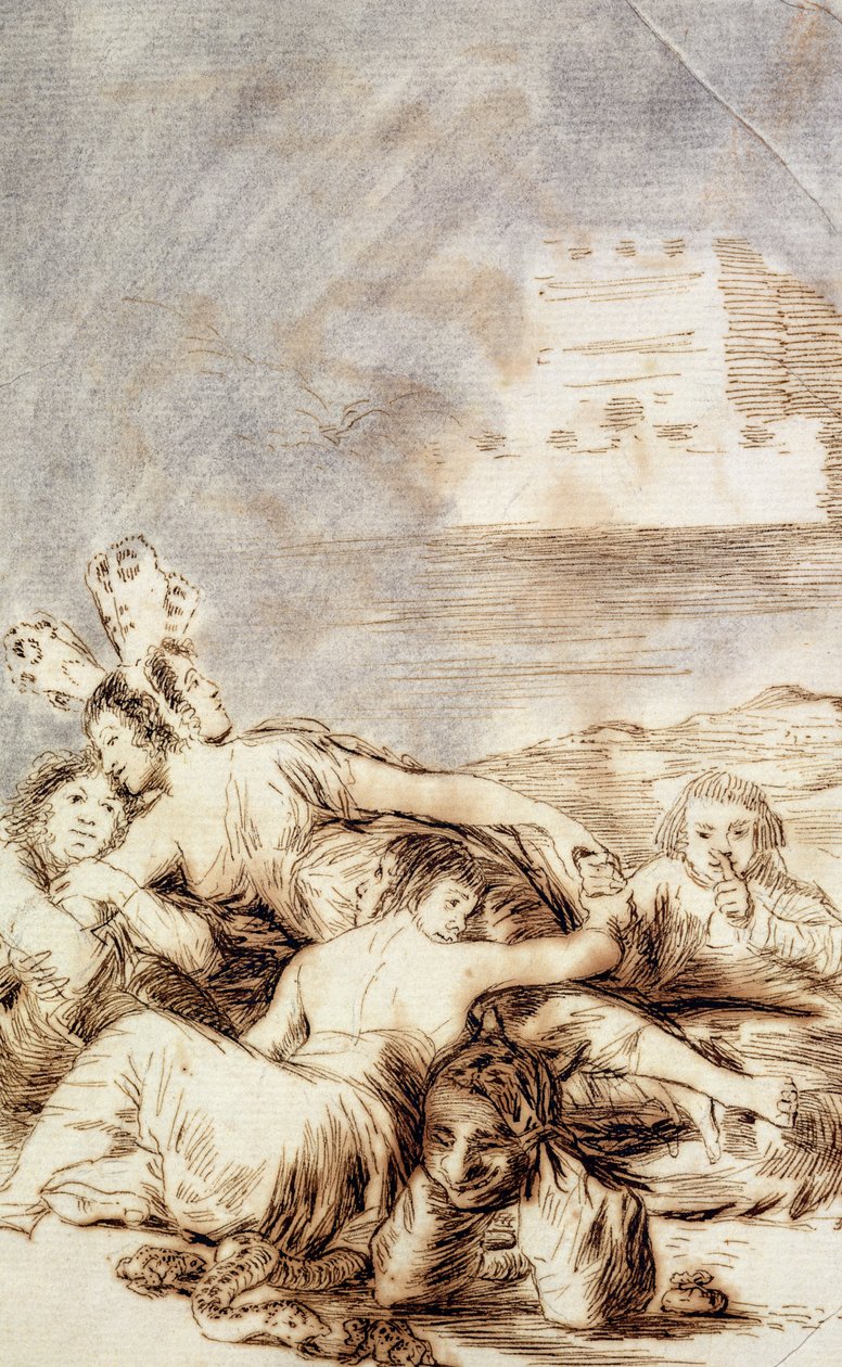 Vévodkyně z Alby, potlačená deska s názvem „Dreams of Lies and Inconstancy“, ze série „Los Caprichos“, 1797-99 od Francisco de Goya