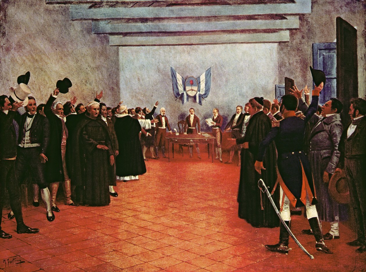 Kongres v Tucumanu - Deklarace nezávislosti spojených provincií Rio a Plata dne 9. července 1816 (barva litho) od Francisco (after) Fortuny