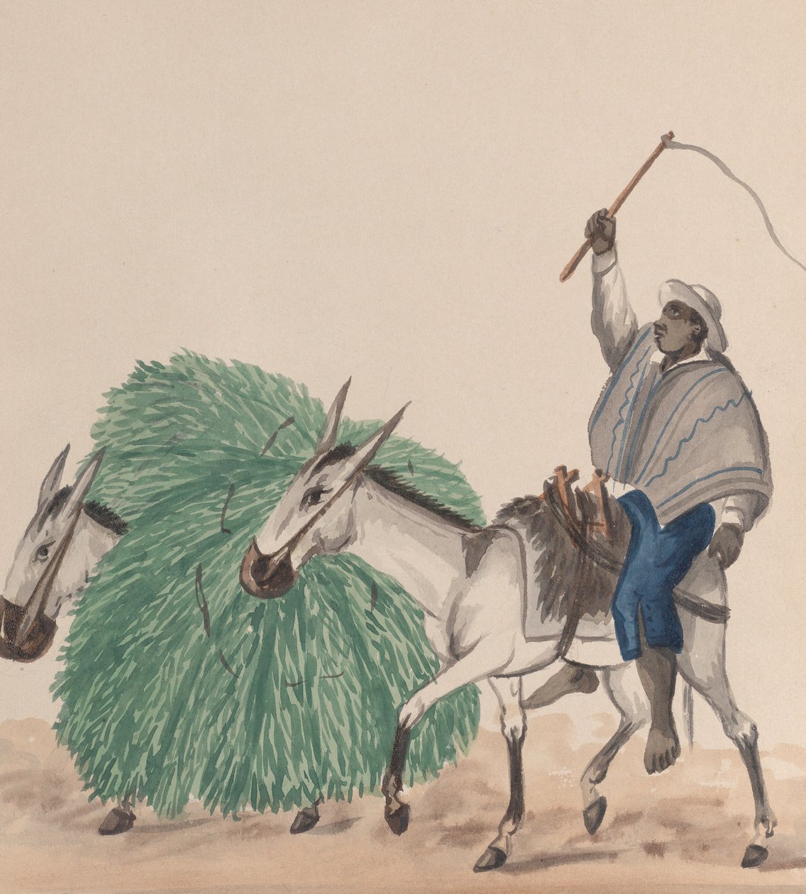Muž jedoucí na mezku, zvednutý bič, další mezek naložený trávou vedle..., ca. 1848. od Francisco
