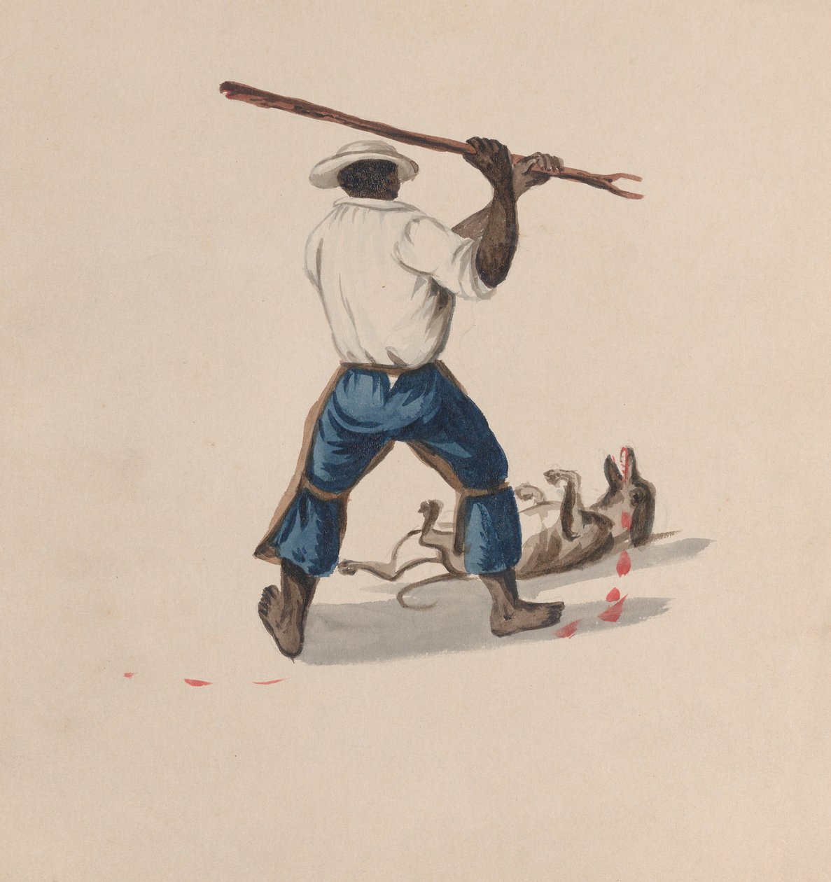 Muž při pohledu zezadu mlátící psa holí, ze skupiny kreseb znázorňujících..., ca. 1848 od Francisco