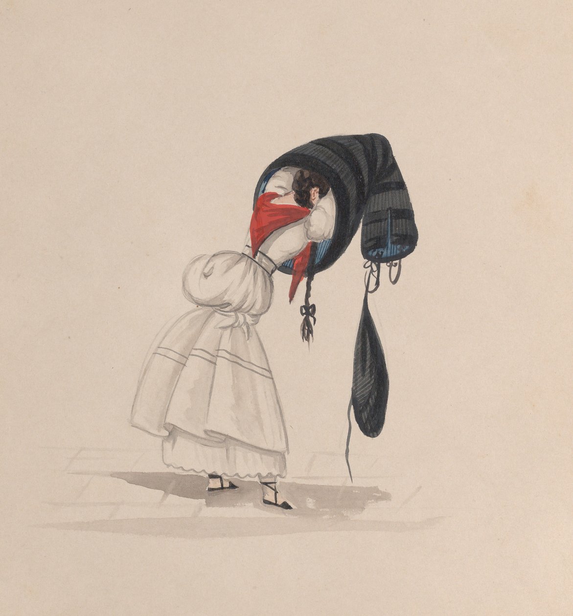 Žena nasazující si saya, při pohledu zezadu, ze skupiny kreseb zobrazujících..., ca. 1848. od Francisco