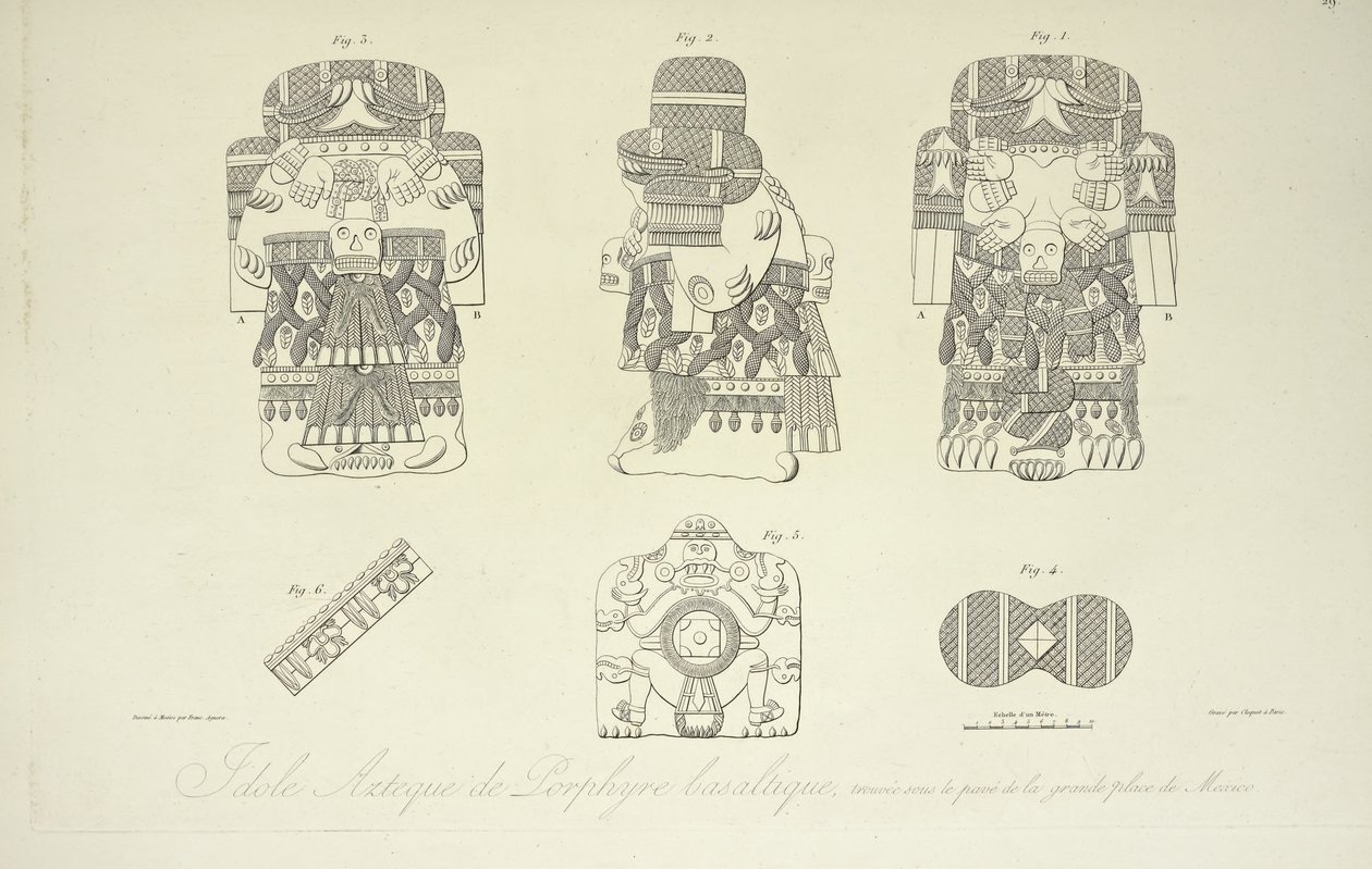 Aztécký idol čedičového porfyru, nalezený pod Grand Plaza v Mexico City, vyrytý Cloquetem, ilustrace z „Pohledy na Kordillery a pomníky domorodých národů Ameriky“ od Alexandra von Humboldta a Aime Bonplanda od Francisco Aguera Bustamante
