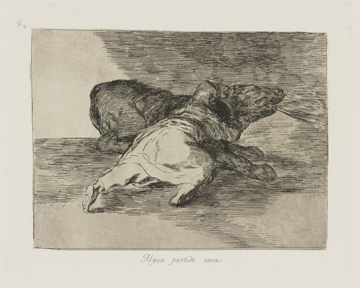 Nějaký večírek odejde. (Něco z toho dostane.), pl. 40 ze série The Disasters of War od Francisco de Goya