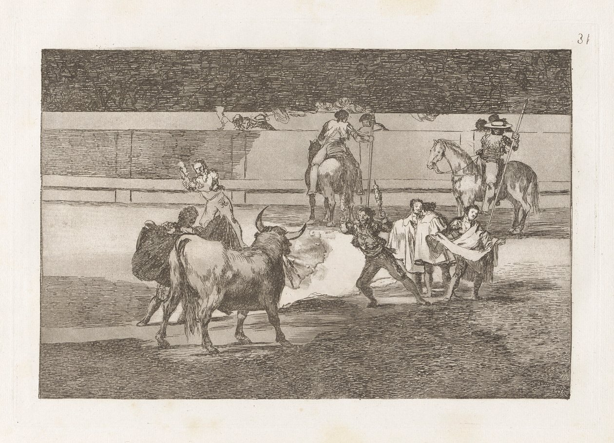 Banderillas de Fuego (Banderillas s petardami), deska 31 z býčích zápasů od Francisco de Goya