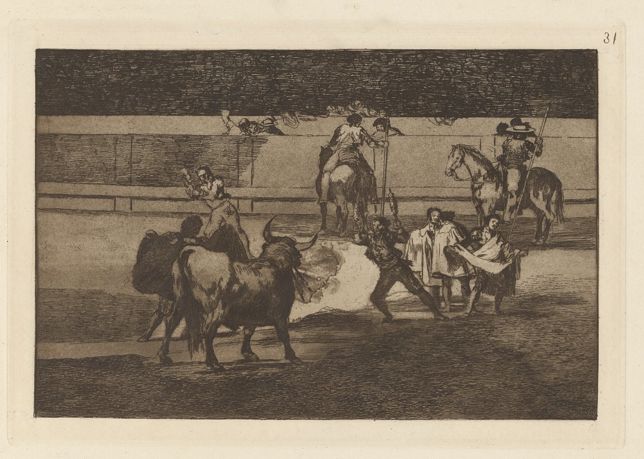 Fire Banderillas (Banderillas with Firecrackers), Talíř 31 z Býčích zápasů od Francisco de Goya