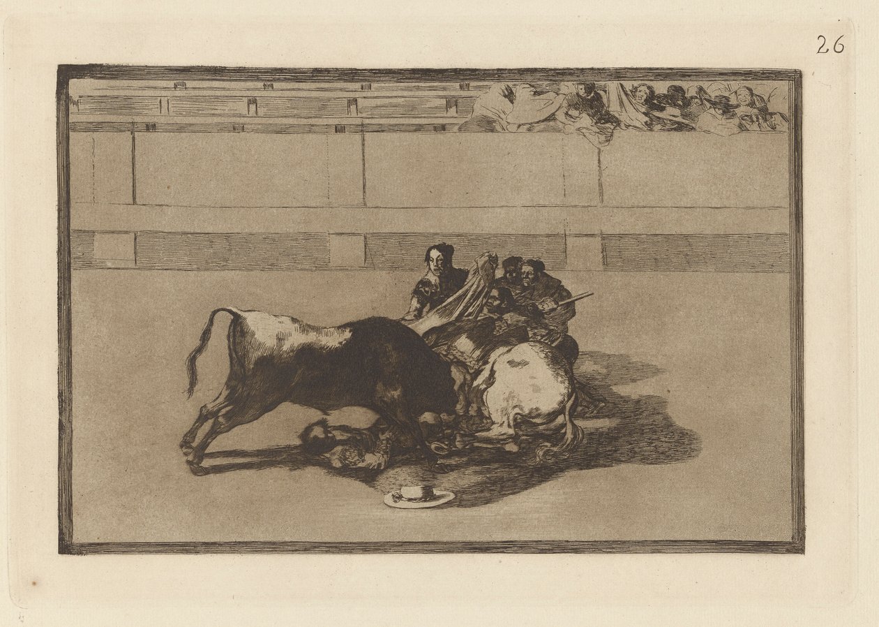 Pád pikadora z koně pod býkem (Pikador je unhorsed a padá pod býka), deska 26 z La tauromaquia od Francisco de Goya