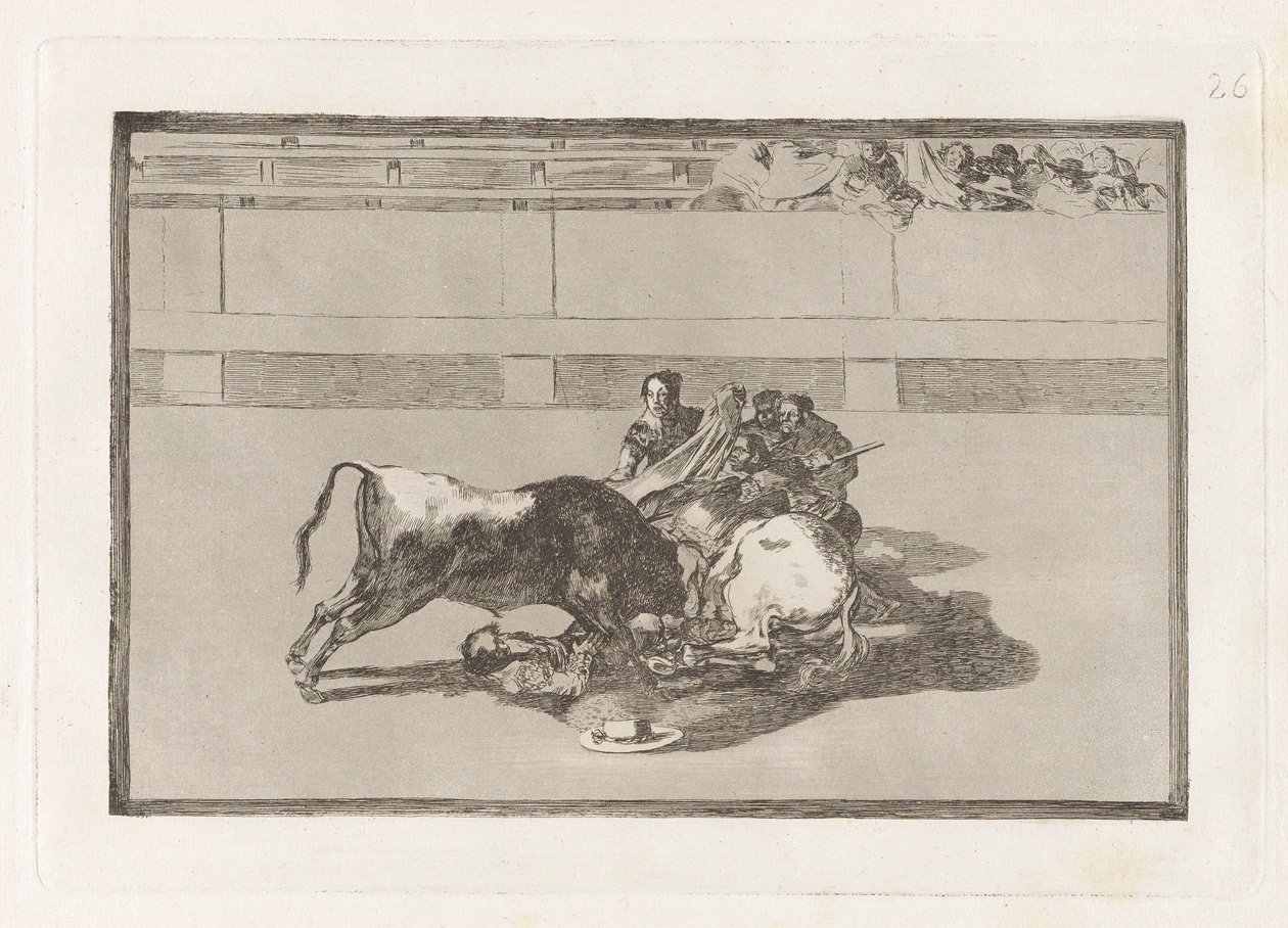 Pád pikadora z koně pod býkem (Pikador je unhorsed a padá pod býka), deska 26 z La tauromaquia od Francisco de Goya