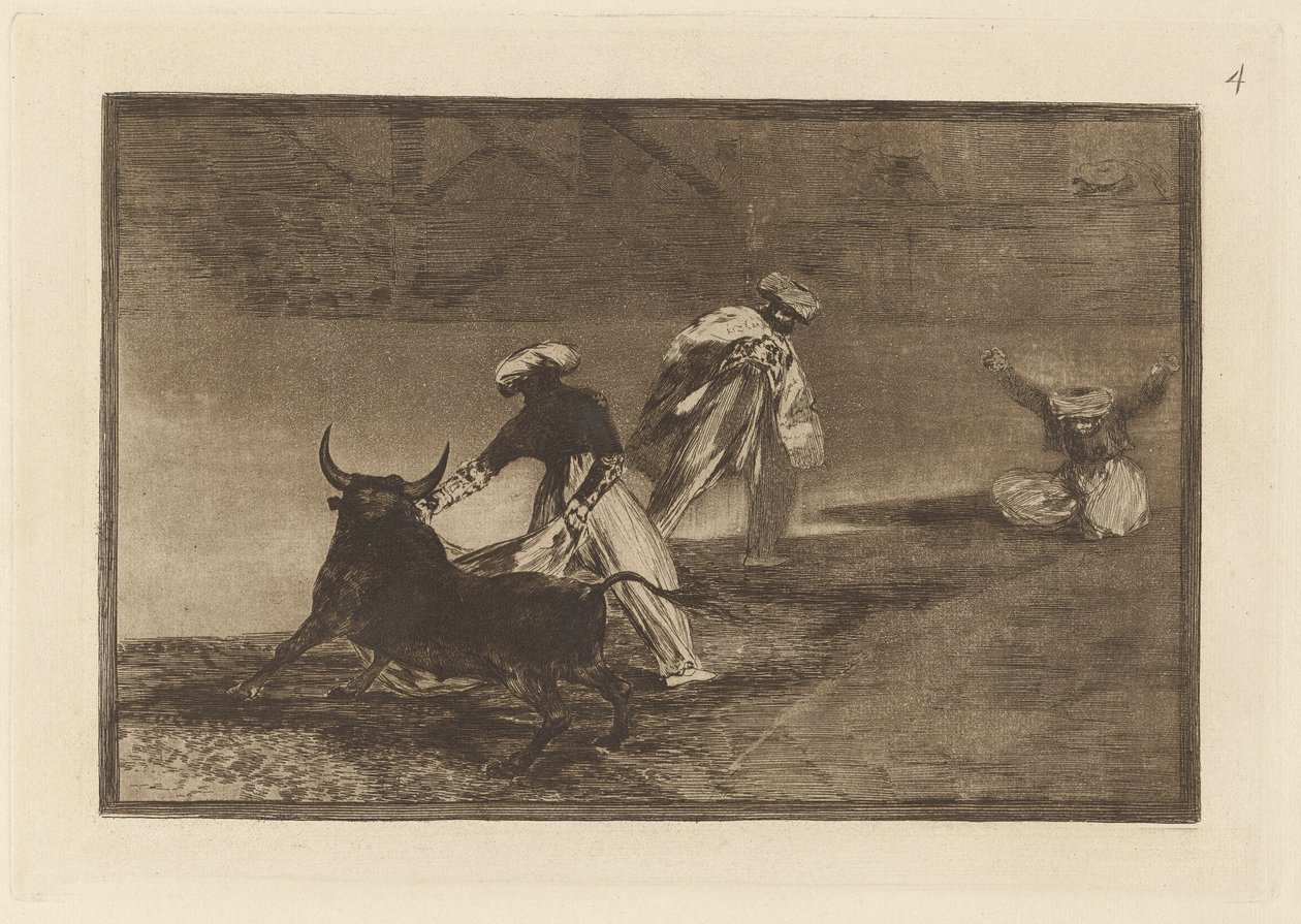 Capean otro encerrado (Hrají si jiného s mysem v ohradě), deska 4 z La tauromaquia od Francisco de Goya