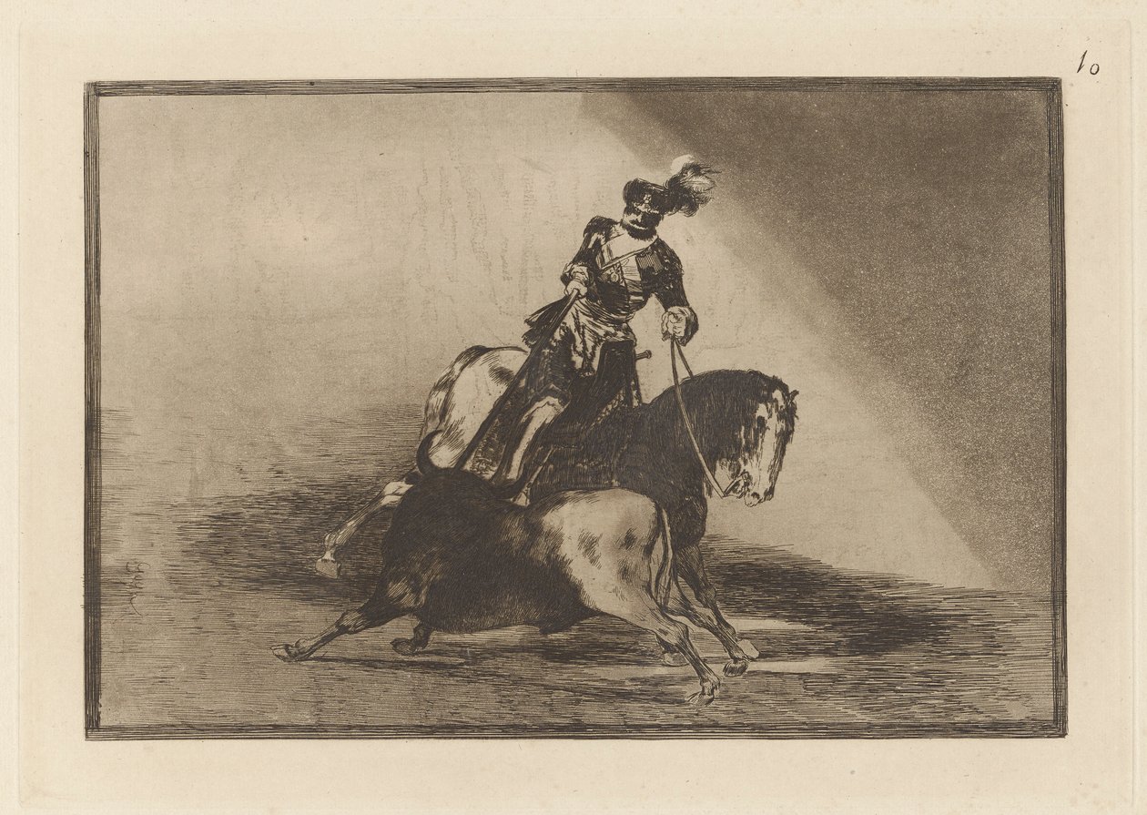 Carlos V. Kopí býka na náměstí Plaza de Valladolid (Charles V. Kopí býka v prstenu ve Valladolidu), deska 10 z La tauromaquia od Francisco de Goya