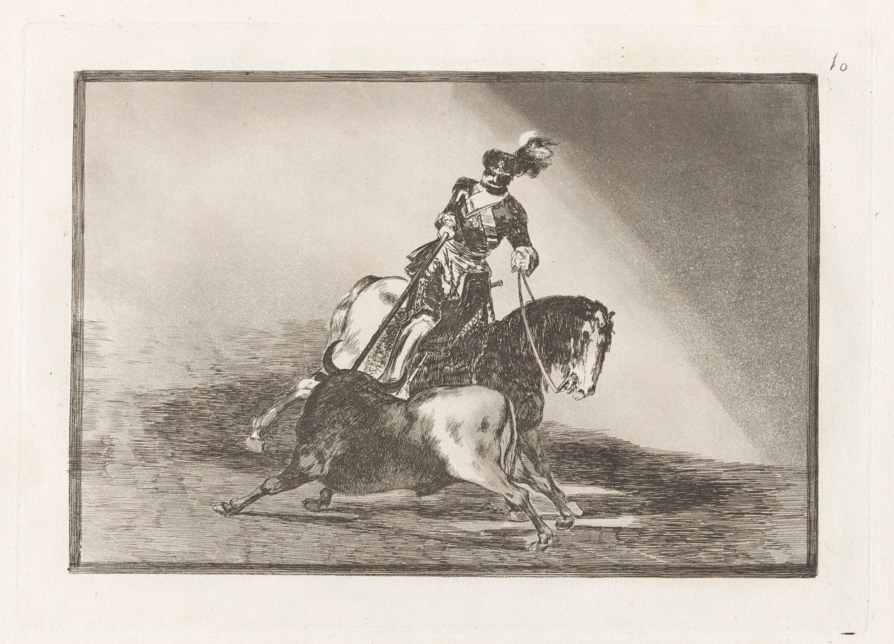 Carlos V. lanceando un toro en la plaza de Valladolid (Karel V. kopí býka v prstenu ve Valladolidu), deska 10 z La tauromaquia od Francisco de Goya