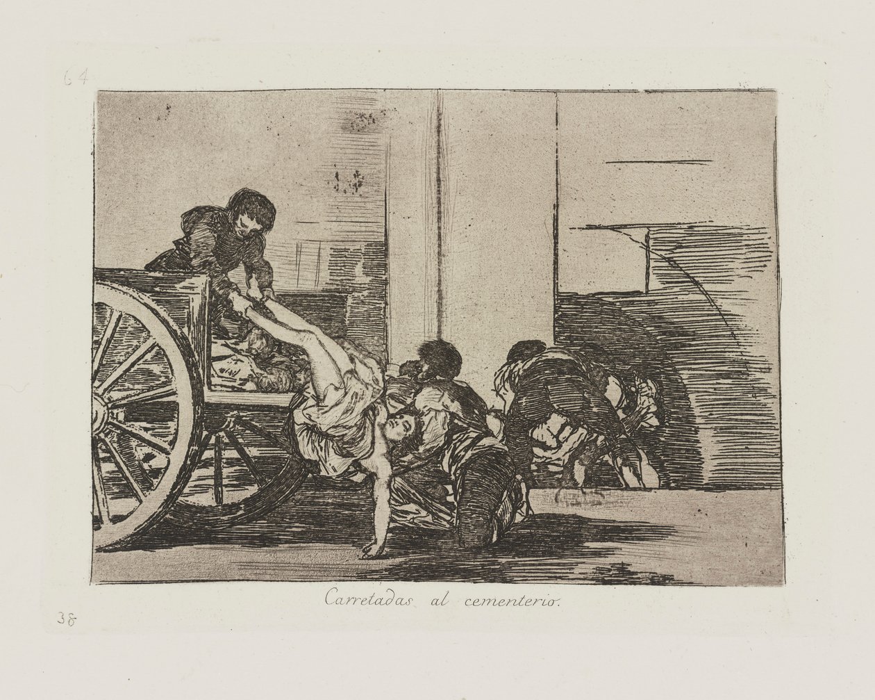 Pojezdy na hřbitov. (Vozíky na hřbitov.), pl. 64 ze série The Disasters of War od Francisco de Goya