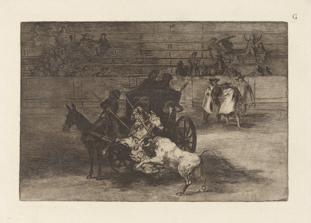 Bojujte v kočáru zapřaženém do dvou mezků, deska G z La tauromaquia (třetí vydání) od Francisco de Goya