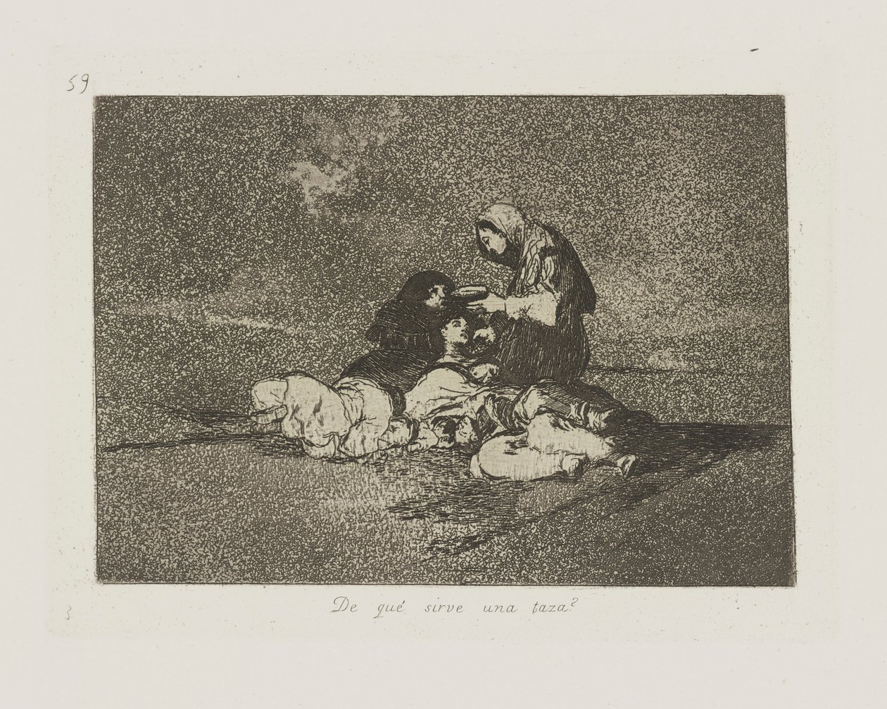 z čeho? podává šálek? (K čemu slouží pohár?), pl. 59 ze série The Disasters of War od Francisco de Goya