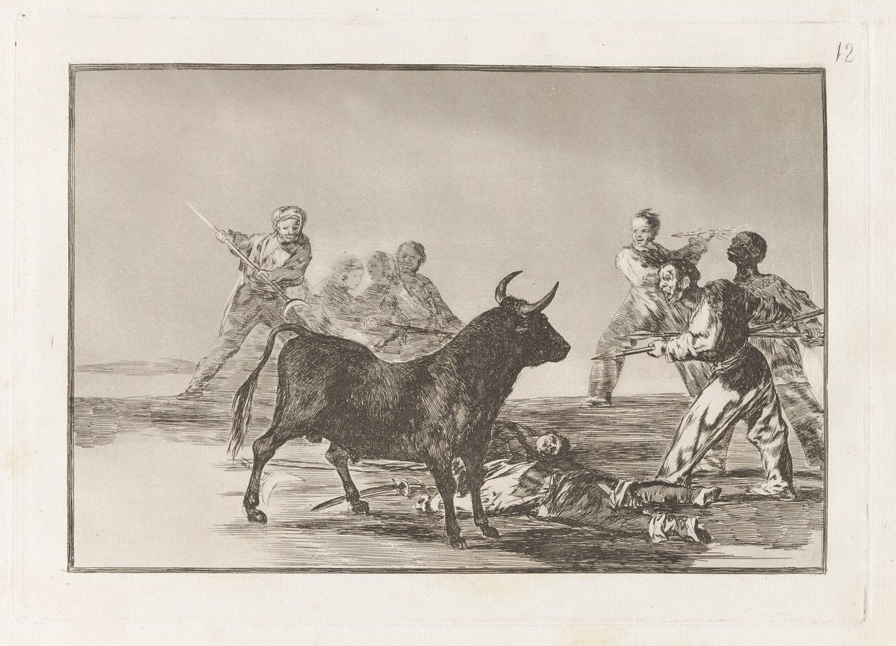 The Rabble ochromit býka s kopími, srpy, banderillami a jinými pažemi, talíř 12 z La tauromaquia od Francisco de Goya